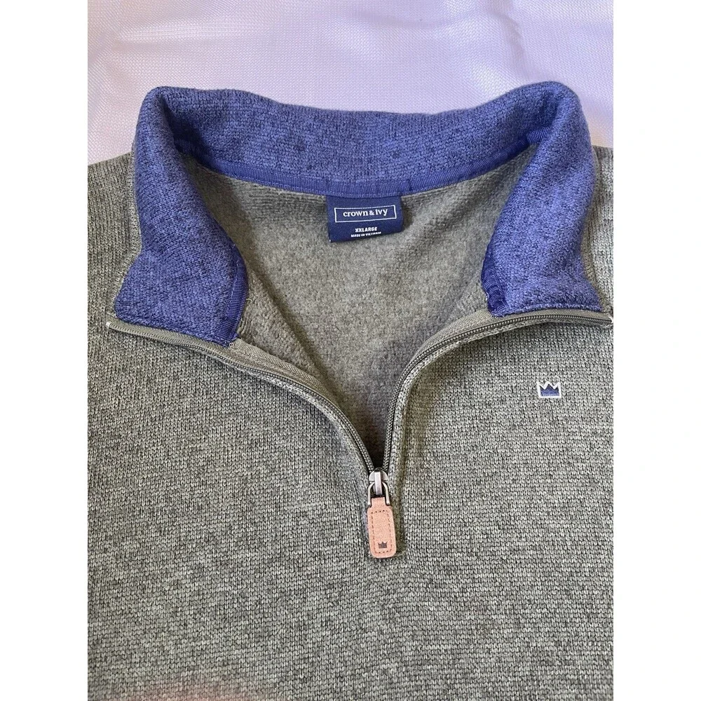 Crown &‎ Ivy Men’s XXL Olive Green Quarter Zip Fleece Pullover Sweater Mock Neck